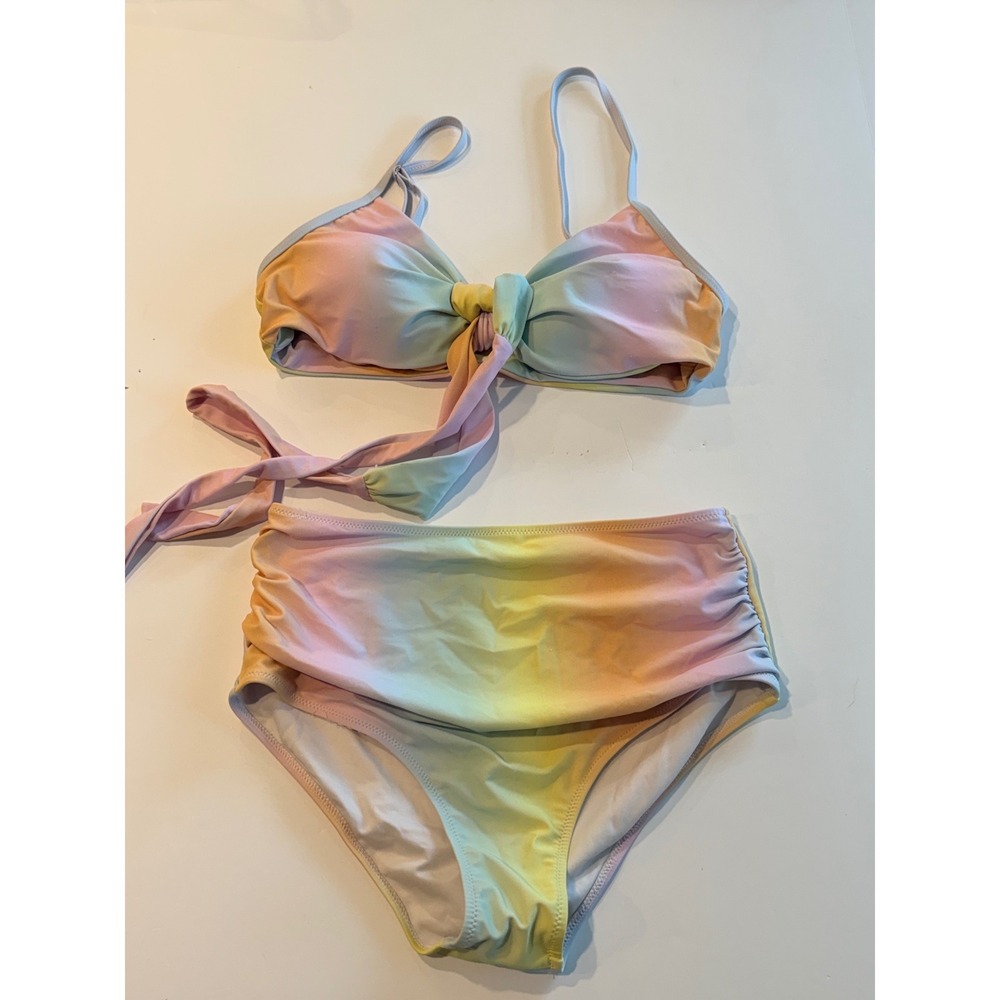 Pastel Rainbow Ombre High Waisted Bikini Set Tie Front Two Piece Swimsuit Medium